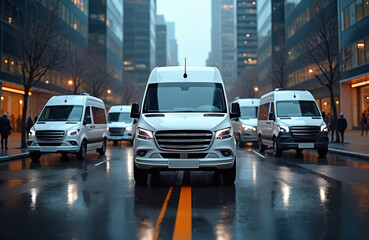 Modern white luxury vans drive on wet city street. High-tech automotive technology offers style, performance. Vehicles represent premium transportation for business, commercial use passenger service.