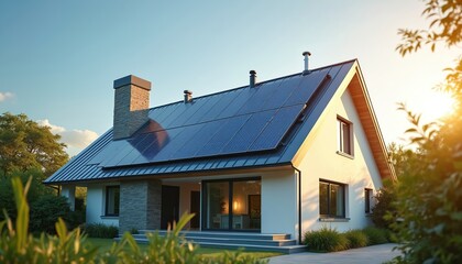 Modern house features solar panels on roof. Bright afternoon sun illuminates sustainable energy system. Clean energy solution for eco-friendly home. Improve home efficiency with renewable resources.