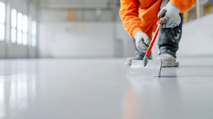 Obraz premium Applying Coating: Worker meticulously applies a smooth, reflective coating to a large floor surface in a bright, industrial setting.