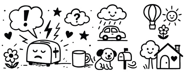 Doodle Collection Whimsical Line Art Featuring Toaster, Dog, Car, House and More A Black and White Hand Drawn Assortment