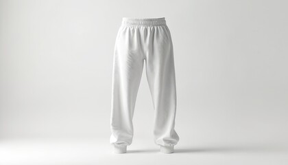 Crisp white sweatpants mockup, perfect for apparel designs. Features elastic waistband, drawstring, cuffed ankles. Ideal for activewear, casual fashion, retail presentations. Isolated on clean, plain