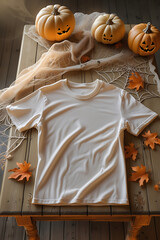 A light grey t-shirt mockup in a festive Halloween flat lay with pumpkins, leaves, and cobwebs on a rustic wooden background. Top-down, inviting product display