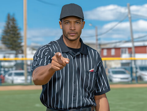 African American male baseball umpire in black and white striped uniform, confidently pointing towards the camera, set against a vibrant outdoor sports field atmosphere