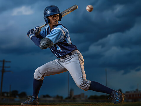 Young male baseball player in blue uniform prepares to hit a baseball during a game, showcasing athleticism and focus against a dramatic stormy sky backdrop - Powered by Adobe