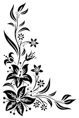Elegant black floral corner design with lilies – minimalist line art decoration on white background with copy space