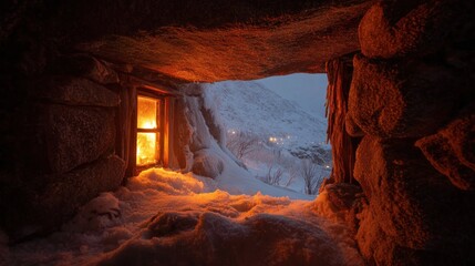 Snowy mountain view from a warm cabin window