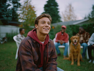 Obraz premium Young man with brown hair is smiling joyfully while sitting on grass in a backyard, surrounded by friends and a golden retriever, capturing a moment of happiness and connection