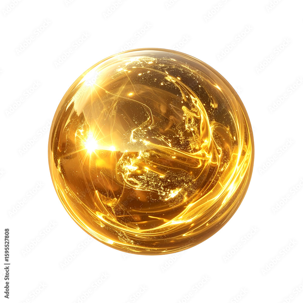 Poster golden orb with intricate light patterns swirling inside on transparent background