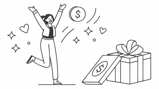 Woman Celebrating with Money and Gift Box.