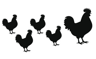 Linear Arrangement of Five Rooster Silhouettes in Increasing Size — Minimalist Farm-Themed Vector Illustration for Growth Concept Designs, Animal Branding, and Decorative Visual Assets