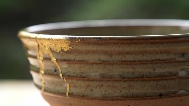 Ceramic bowl repaired with gold seams; kintsugi technique