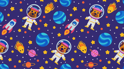 Cartoon dog astronaut in space with planets and rockets background  