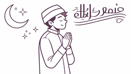 Obraz premium A young Muslim man in traditional attire praying under the crescent moon and stars with Arabic calligraphy above.