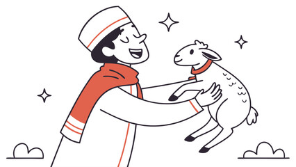 Fototapeta premium A smiling person in traditional attire happily embraces a small lamb, celebrating a joyous occasion.