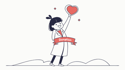 A happy cartoon doctor holding a red heart symbol above her head, representing donation.
