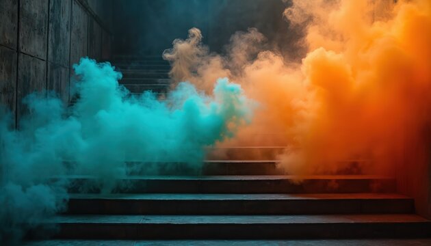 Vibrant teal and orange smoke billow dramatically up a dark staircase, creating high contrast. Colors blend subtly in a moody, mysterious scene with atmospheric fog and vapour.