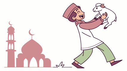 Fototapeta premium A joyful young man in traditional attire holds a lamb near a mosque.