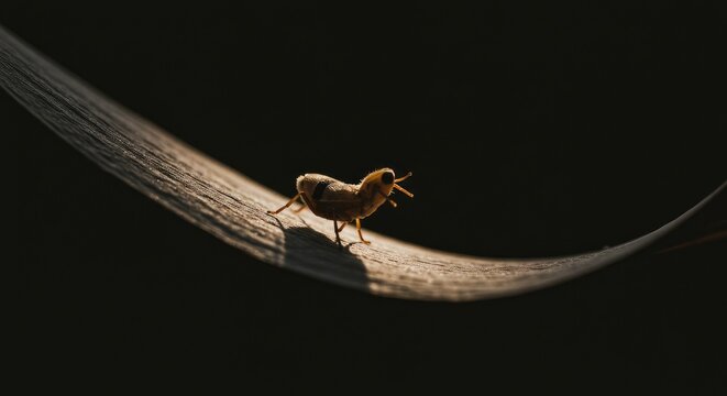 A small grasshopper on a blade of grass illuminated by sunlight