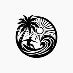 Surfer Silhouette Riding a Wave Underneath a Palm Tree and Sun.