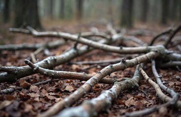 Fototapeta premium Forest floor covered with fallen branches, dry leaves, scattered twigs. Natural scene with muted earthy tones, textured ground. Represents autumn decay, forest floor details, natural patterns.