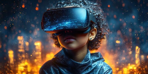 A young girl explores a vibrant, futuristic virtual reality landscape using vr technology.