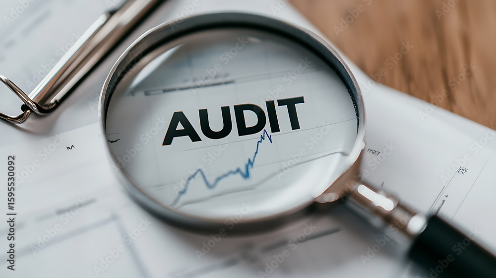 Poster close-up of magnifying glass examining an audit document. financial analysis and scrutiny concept. p