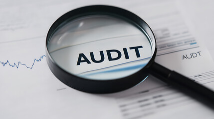 Auditing Documents: A magnifying glass focuses on the word 'AUDIT' on a financial statement with a graph, signifying financial review and scrutiny.