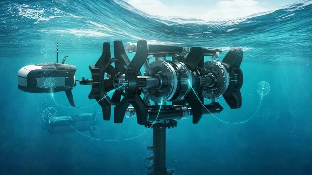 Underwater view of a tidal turbine and autonomous underwater vehicles