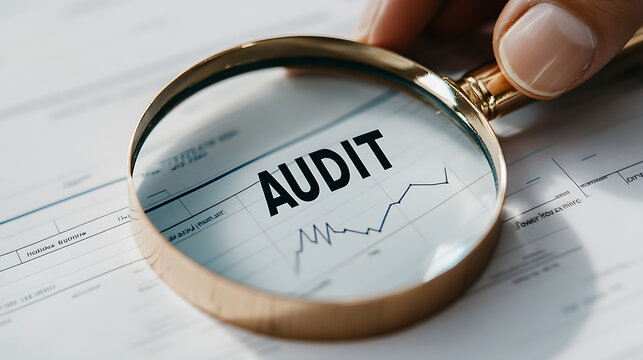 A magnifying glass highlights the word 'AUDIT' on financial documents, suggesting financial review and analysis.
