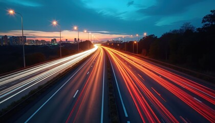 Night highway streaks of light from cars at dusk, cityscape blurred in background. Orange and blue sky, urban traffic flow on asphalt road. Long exposure capture of motion, speed, transportation.