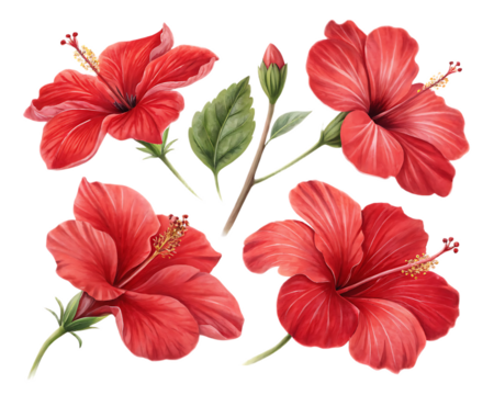 Illustration of four red hibiscus flowers with green leaves and stems on a black background