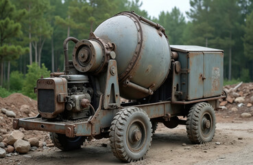 Image features rusted, vintage cement mixer truck, quintessential piece of heavy construction equipment. Industrial design, weathered appearance suggest durable, reliable machine for mixing concrete