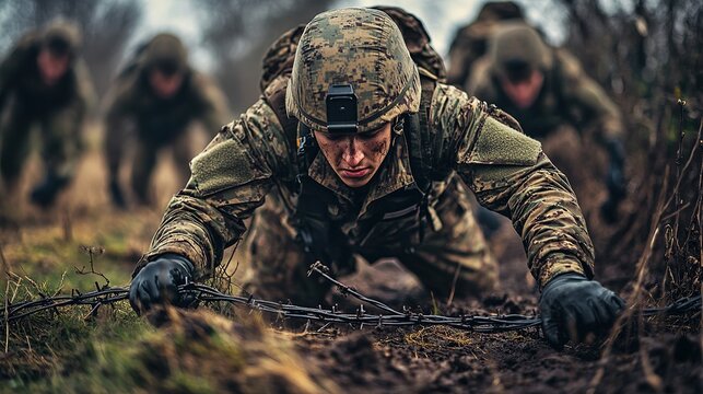 Soldiers in camouflage gear crawl through muddy terrain during a military training exercise.