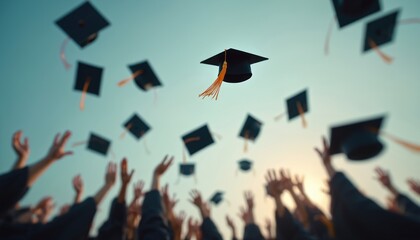 Graduation caps soar into the sky. Students celebrate academic achievement and success tossing hats. Joyful commencement ceremony. Hopeful, triumphant motion against serene sky background.