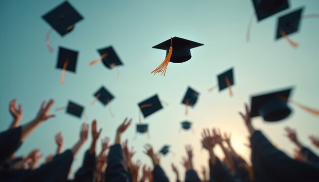 Graduation caps soar into the sky. Students celebrate academic achievement and success tossing hats. Joyful commencement ceremony. Hopeful, triumphant motion against serene sky background.