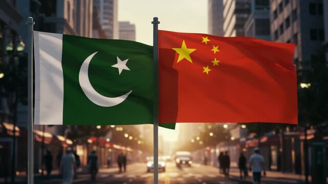 Pakistan and china flags waving in a cityscape