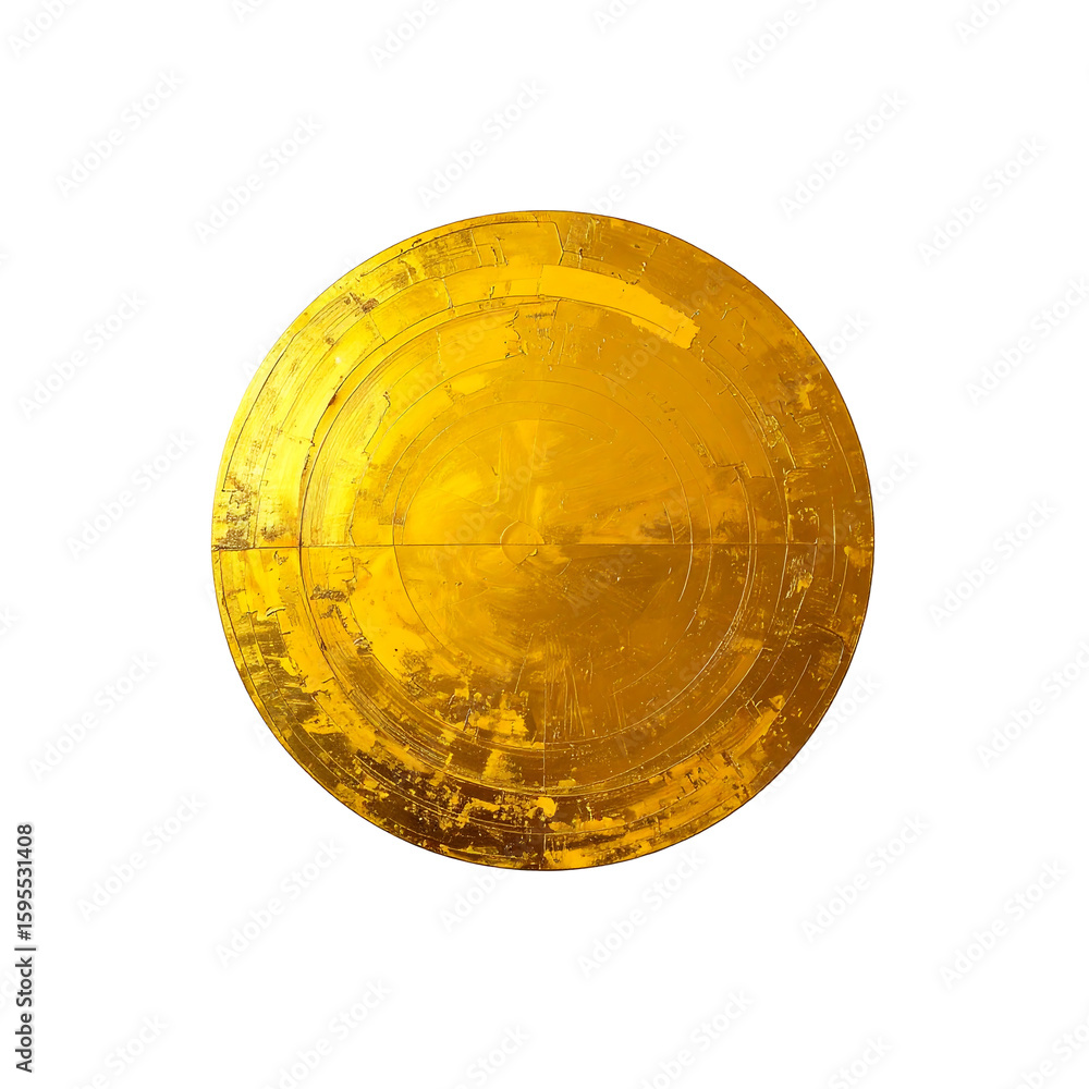 Poster golden textured circle with concentric pattern, artistic element on transparent background