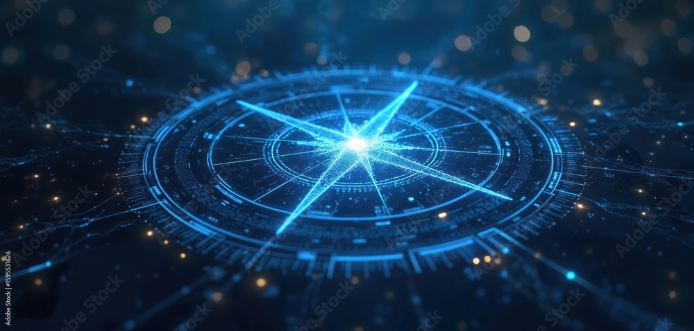 Poster digital compass illustration with glowing star pattern on blue background. modern tech design with a