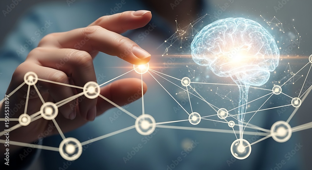 Poster hand touching a glowing node in a network connected to a brain with bright light inside it
