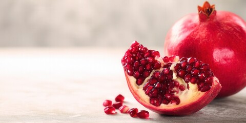 A close-up of a sliced pomegranate, showcasing the vibrant, red seeds.
