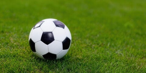 Fototapeta premium A classic soccer ball sits on vibrant green grass, ready for a game of football.