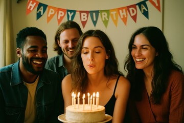 Group of friends celebrating a birthday with a cake and candles. Perfect for birthday party themes, family gatherings, or festive marketing.