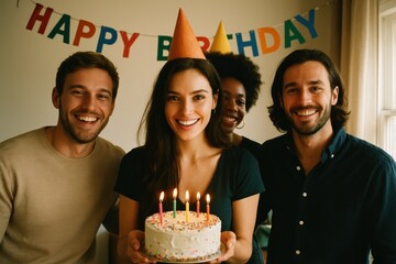 Fun-filled birthday party with a cake and colorful decorations. Perfect for kids’ birthday marketing, event promotion, or family celebration ads. Ideal for social media, invitations, or joyful content