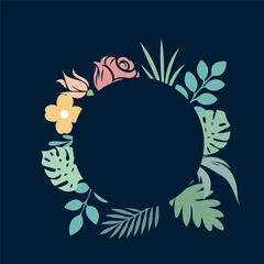Floral Wreath Frame with Tropical Leaves and Colorful Flowers Botanical Invitation Design