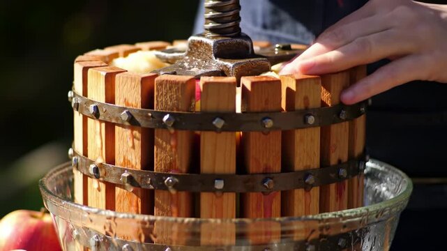 Wooden apple cider press with juice dripping