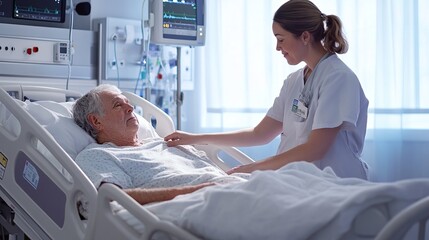 A nurse gently comforts an elderly male patient lying in a hospital bed surrounded by medical equipment.