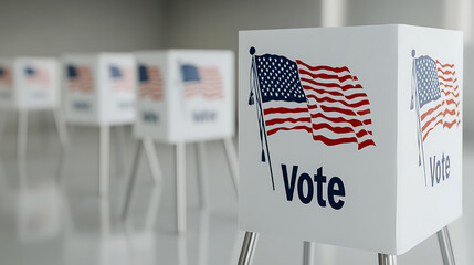 Row of voting booths with patriotic imagery. Exercise your right to vote, shape your future. Every voice matters, make yours heard. Vote today!