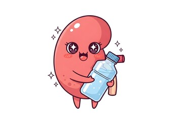 A smiling cartoon kidney holding a water bottle, symbolizing hydration and health.