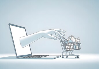 A hand emerging from a laptop screen, pushing a shopping cart full of gifts, symbolizing online shopping.