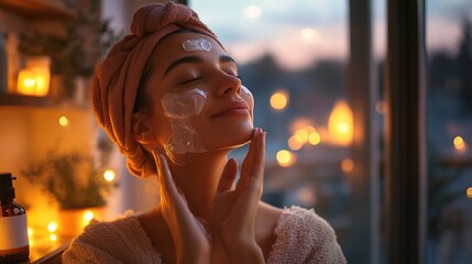 A woman with a towel wrapped on her head applies a cream to her face in a cozy, softly lit room during evening time.